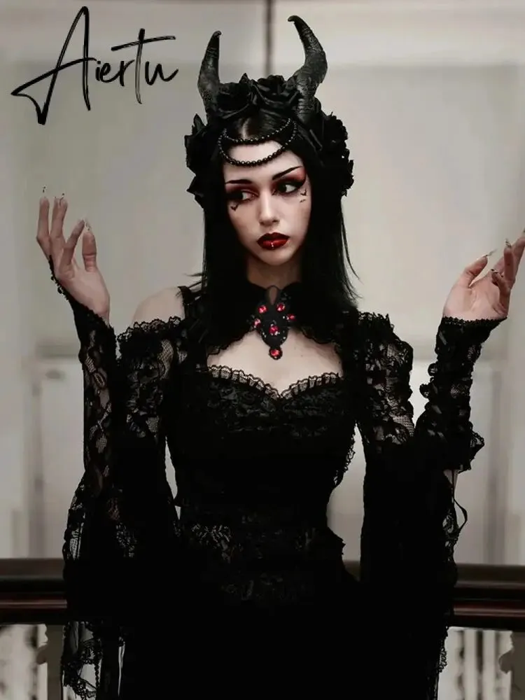 New Gothic Y2K Vintage Lace Overlays See Through Woman Cosplay Cover-ups Coat Stand Flare Sleeve Black Fairy Grunge Smock