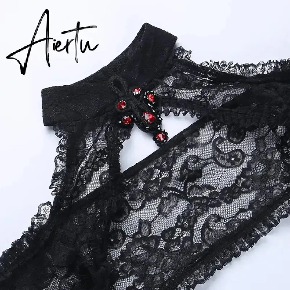 New Gothic Y2K Vintage Lace Overlays See Through Woman Cosplay Cover-ups Coat Stand Flare Sleeve Black Fairy Grunge Smock