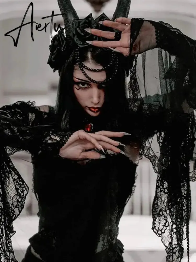 New Gothic Y2K Vintage Lace Overlays See Through Woman Cosplay Cover-ups Coat Stand Flare Sleeve Black Fairy Grunge Smock