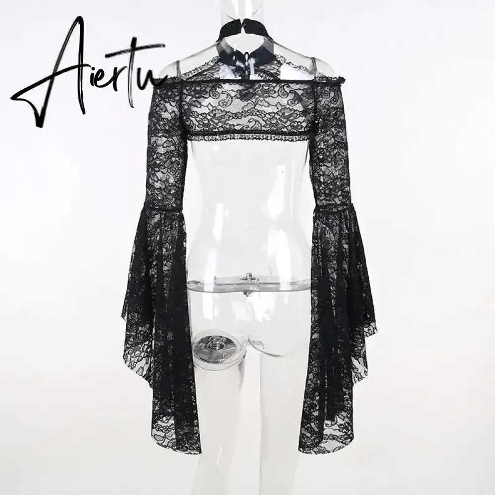 New Gothic Y2K Vintage Lace Overlays See Through Woman Cosplay Cover-ups Coat Stand Flare Sleeve Black Fairy Grunge Smock