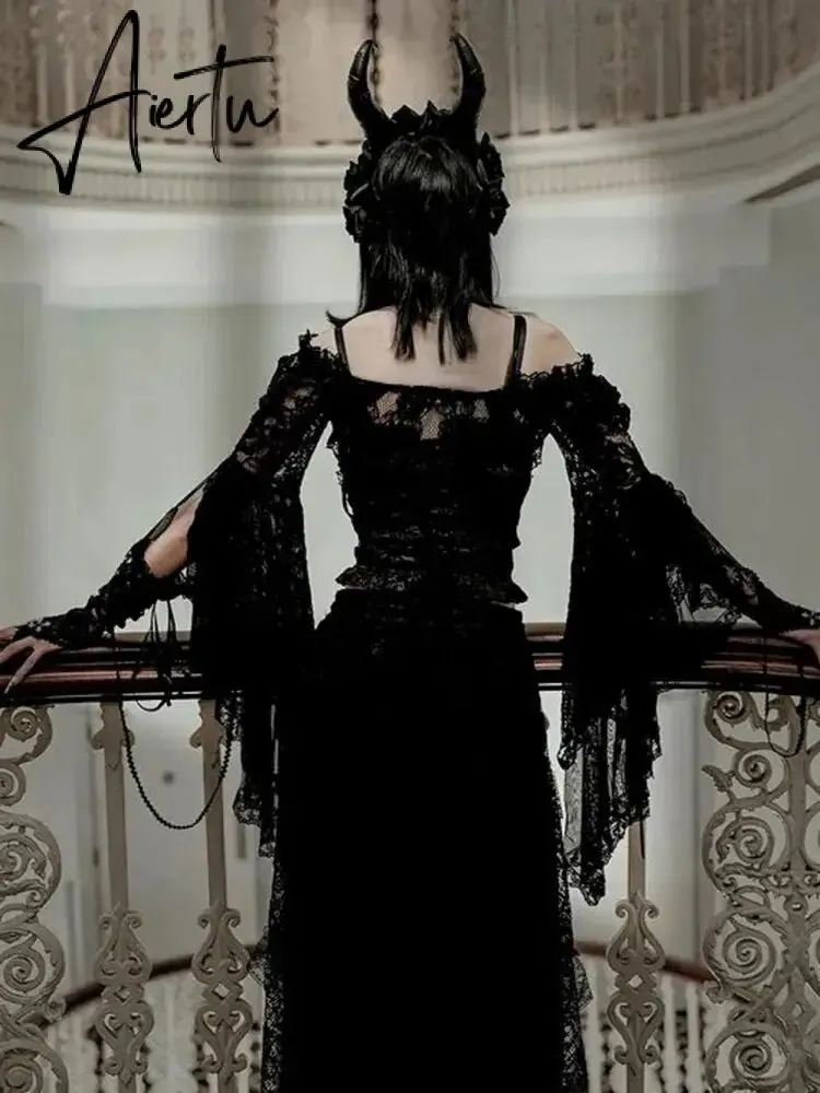 New Gothic Y2K Vintage Lace Overlays See Through Woman Cosplay Cover-ups Coat Stand Flare Sleeve Black Fairy Grunge Smock