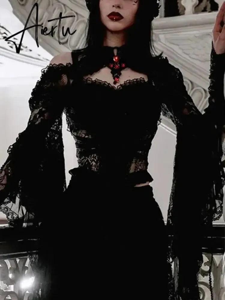 New Gothic Y2K Vintage Lace Overlays See Through Woman Cosplay Cover-ups Coat Stand Flare Sleeve Black Fairy Grunge Smock