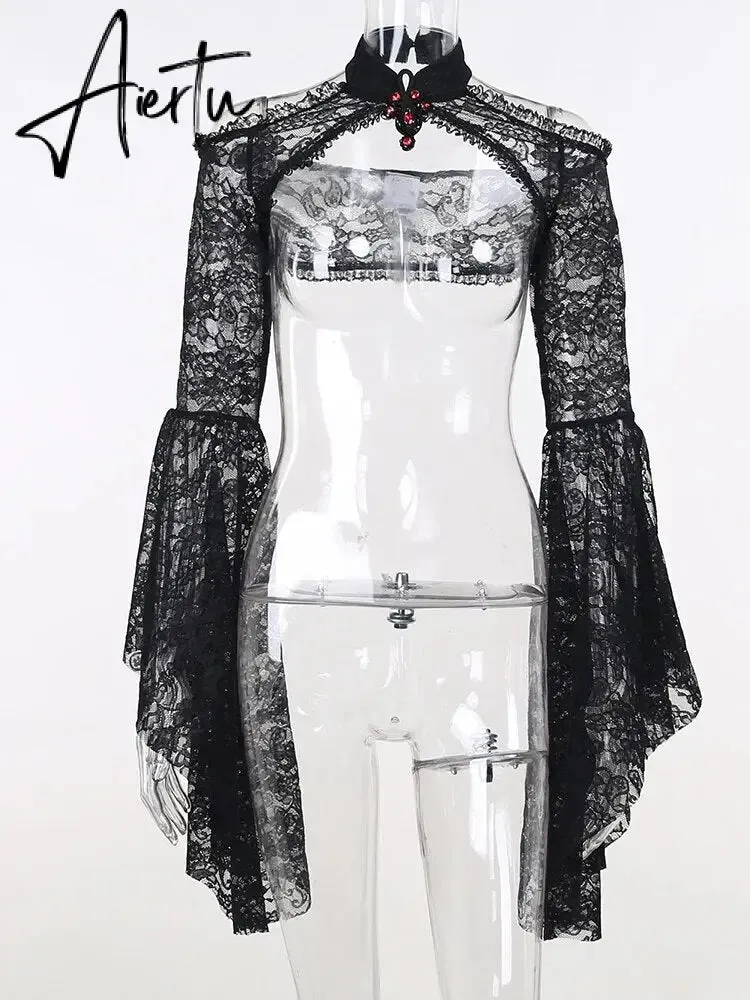 New Gothic Y2K Vintage Lace Overlays See Through Woman Cosplay Cover-ups Coat Stand Flare Sleeve Black Fairy Grunge Smock