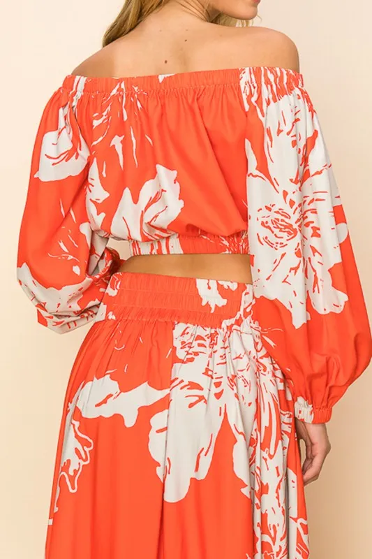 Orange Off Shoulder Top And Maxi Skirt Set
