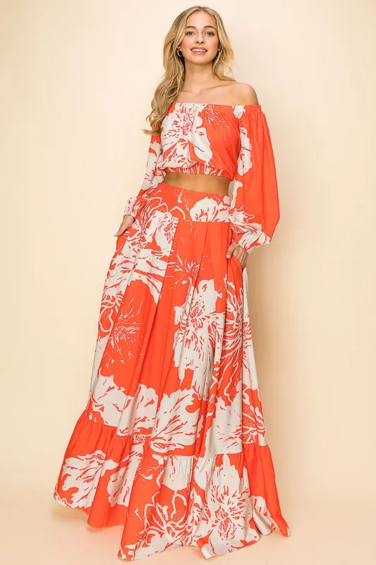 Orange Off Shoulder Top And Maxi Skirt Set