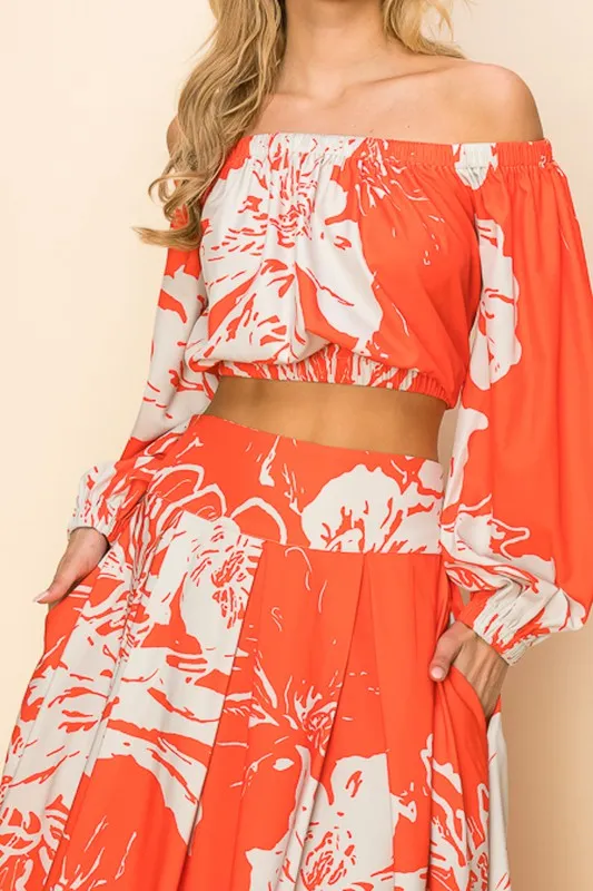 Orange Off Shoulder Top And Maxi Skirt Set