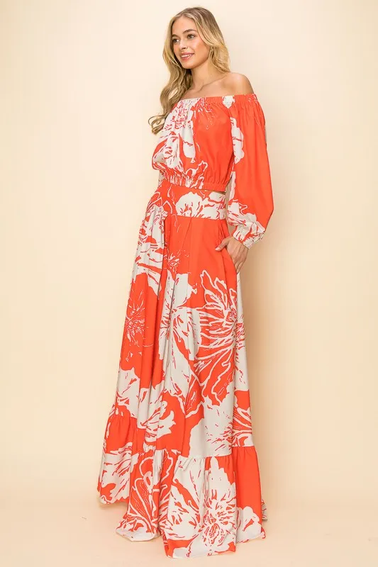 Orange Off Shoulder Top And Maxi Skirt Set