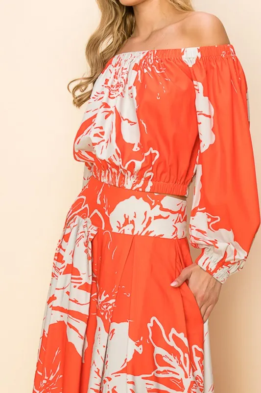 Orange Off Shoulder Top And Maxi Skirt Set