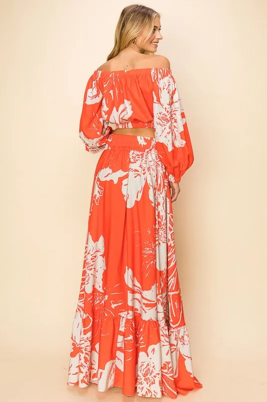 Orange Off Shoulder Top And Maxi Skirt Set