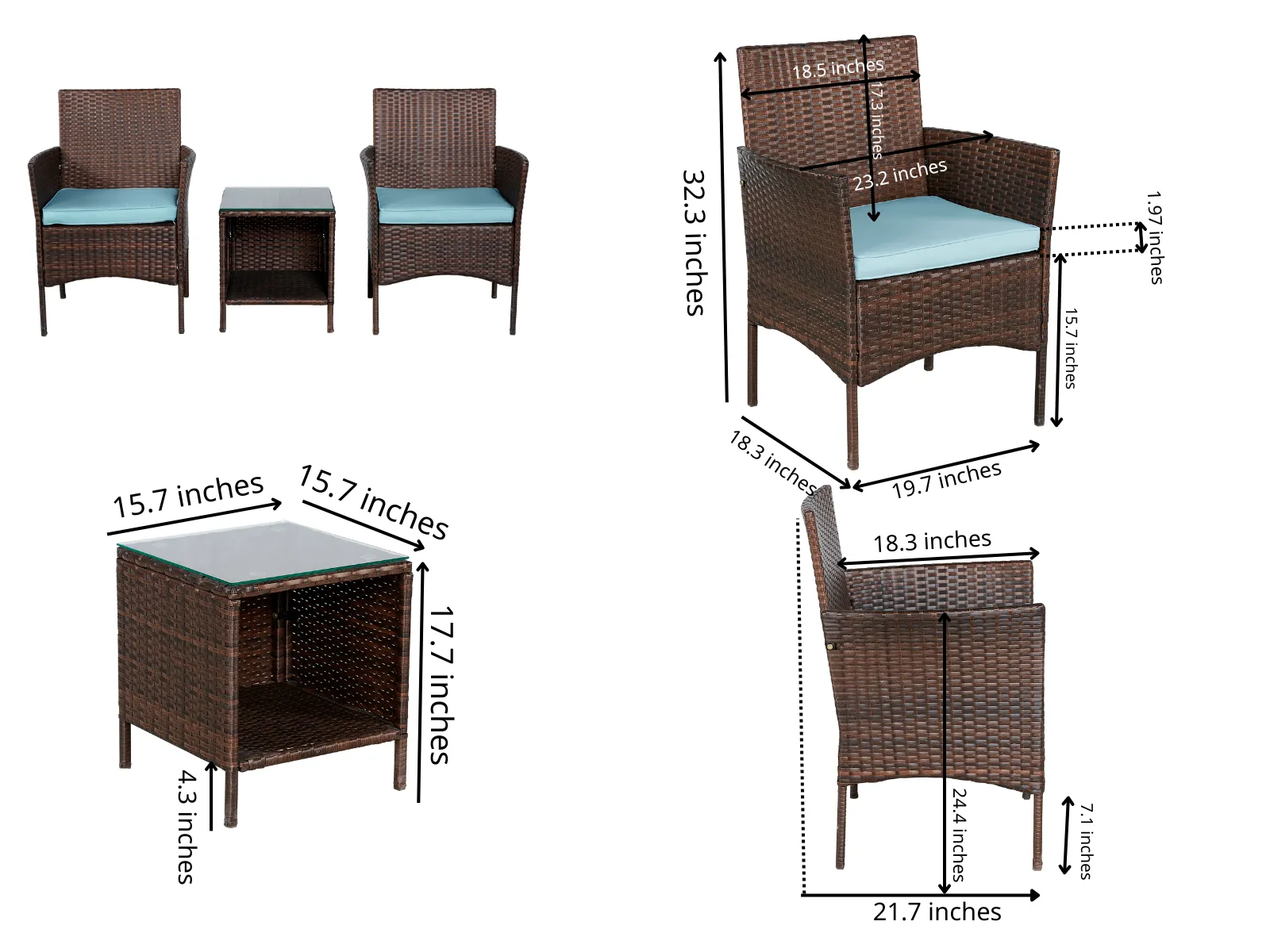 Outdoor Conversation Garden Furniture Sets (Aqua/Dark Brown) Patio Porch Furniture 3 Pieces PE Rattan Patio Porch Wicker Chairs Tempered Glass Table
