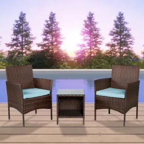 Outdoor Conversation Garden Furniture Sets (Aqua/Dark Brown) Patio Porch Furniture 3 Pieces PE Rattan Patio Porch Wicker Chairs Tempered Glass Table