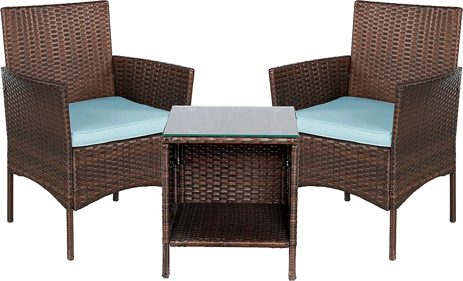 Outdoor Conversation Garden Furniture Sets (Aqua/Dark Brown) Patio Porch Furniture 3 Pieces PE Rattan Patio Porch Wicker Chairs Tempered Glass Table