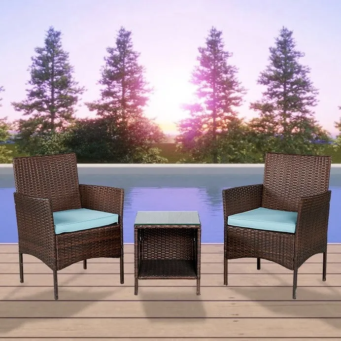 Outdoor Conversation Garden Furniture Sets (Aqua/Dark Brown) Patio Porch Furniture 3 Pieces PE Rattan Patio Porch Wicker Chairs Tempered Glass Table