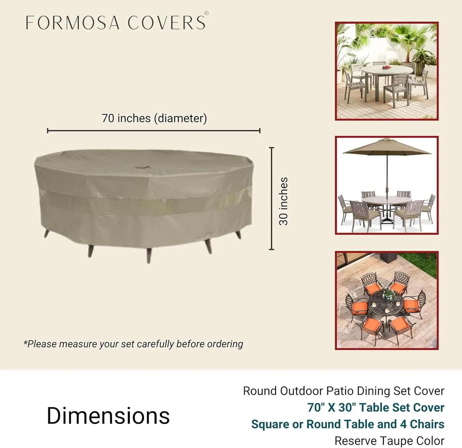 Patio Set Cover For Square or Round Table 70"Dia./L x 30"H Classic Taupe