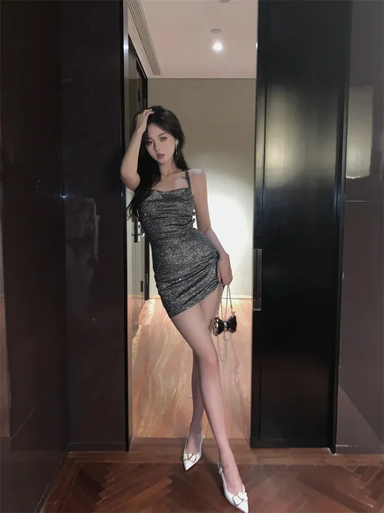 Sexy Club Night Sequins Slip Dress Bodycon Backless Wrap Off Shoulder Bandage Mini Short Dresses Party Evening