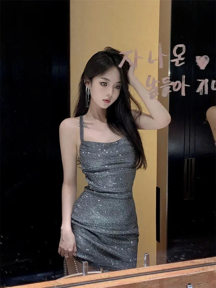 Sexy Club Night Sequins Slip Dress Bodycon Backless Wrap Off Shoulder Bandage Mini Short Dresses Party Evening