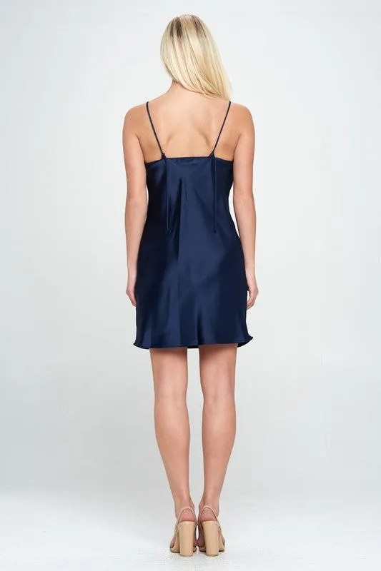 Solid Heavy Bias Cut Satin Slip Dress - Navy
