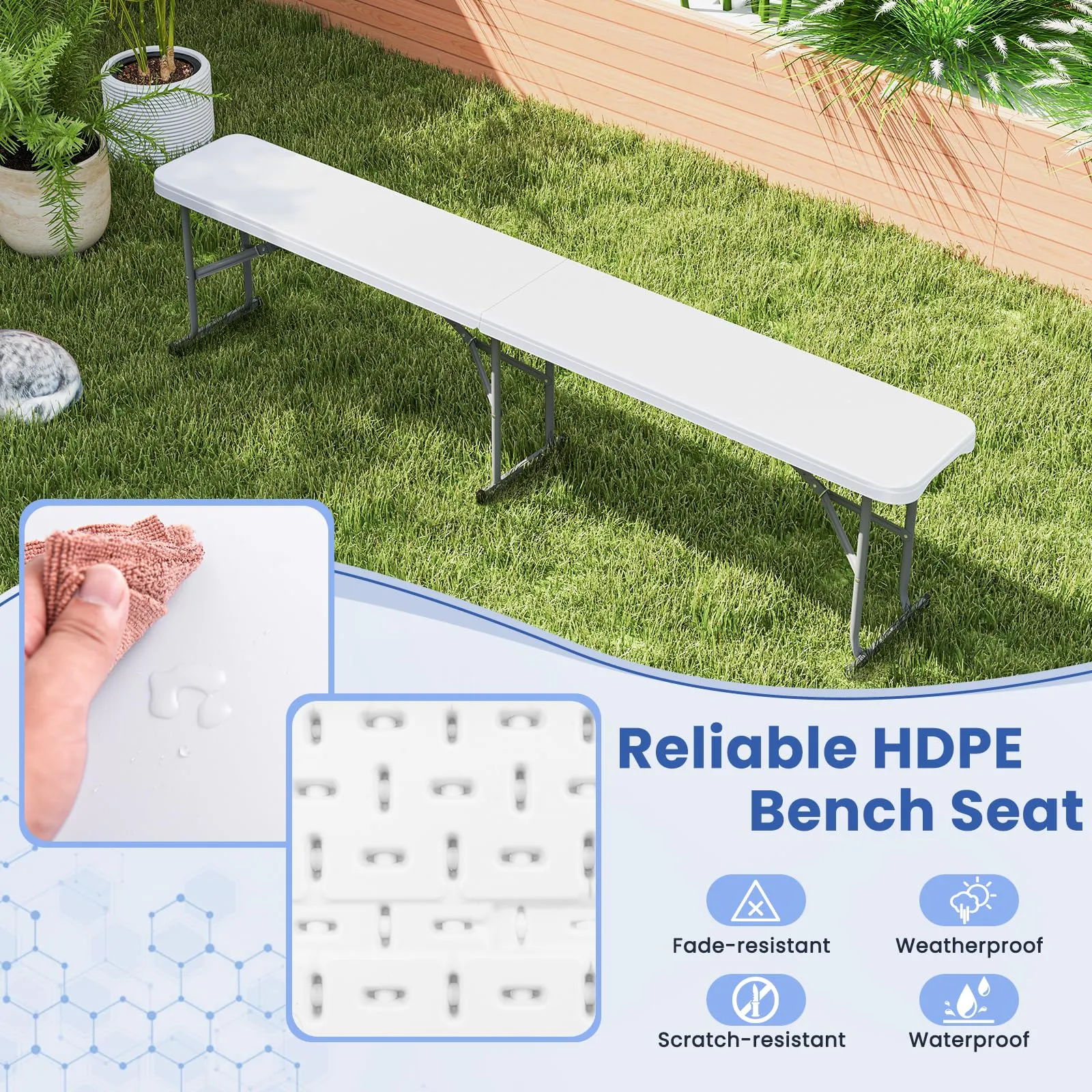 Tangkula 6 FT Plastic Folding Bench, Foldable Bench Seat with Carry Handle, Non-Slip Mat