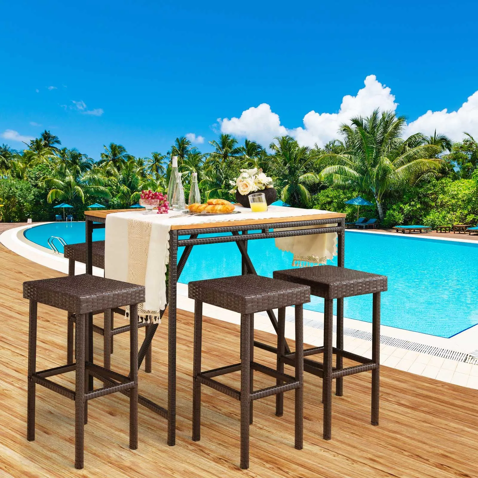 Tangkula Outdoor Bar Stool Set of 2/4, Patio Rattan Bar Chairs