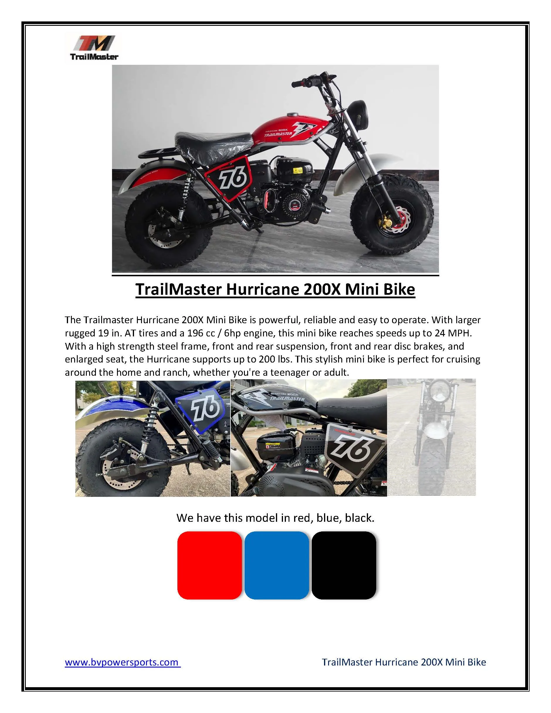 Trailmaster Mini Bike MB200X Hurricane  ALL NEW WITH FRONT AND REAR BRAKES, 196cc engine