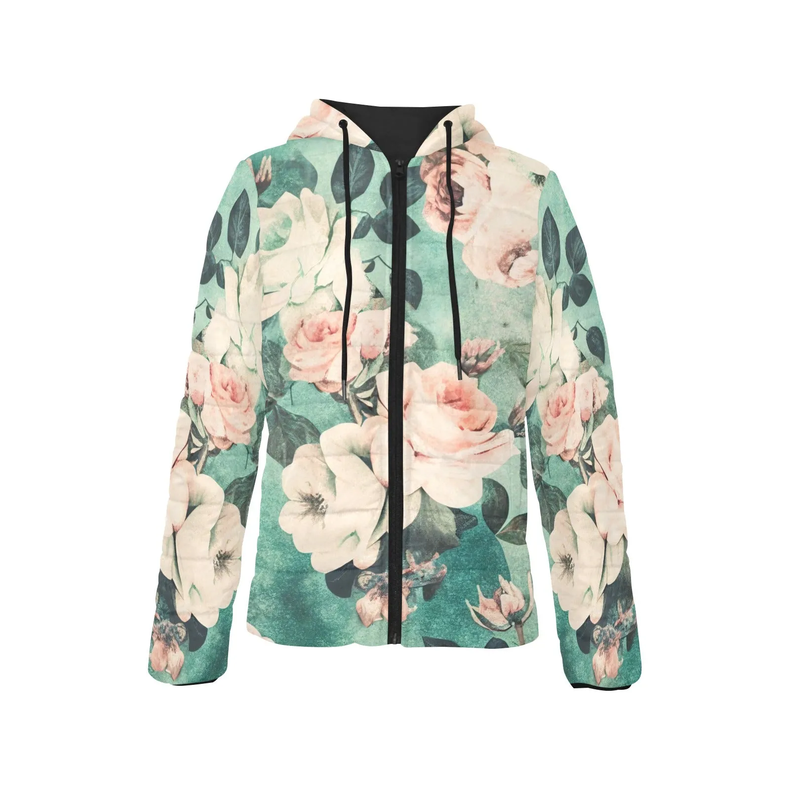 Vampire Art Grunge Retro Roses Women's Padded Hooded Jacket - Green