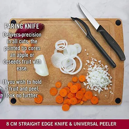 Victorinox Kitchen Knife, Set of 3, Sharp Straight Edge and Wavy Edge Knives with Stainless Steel Universal Peeler, Black