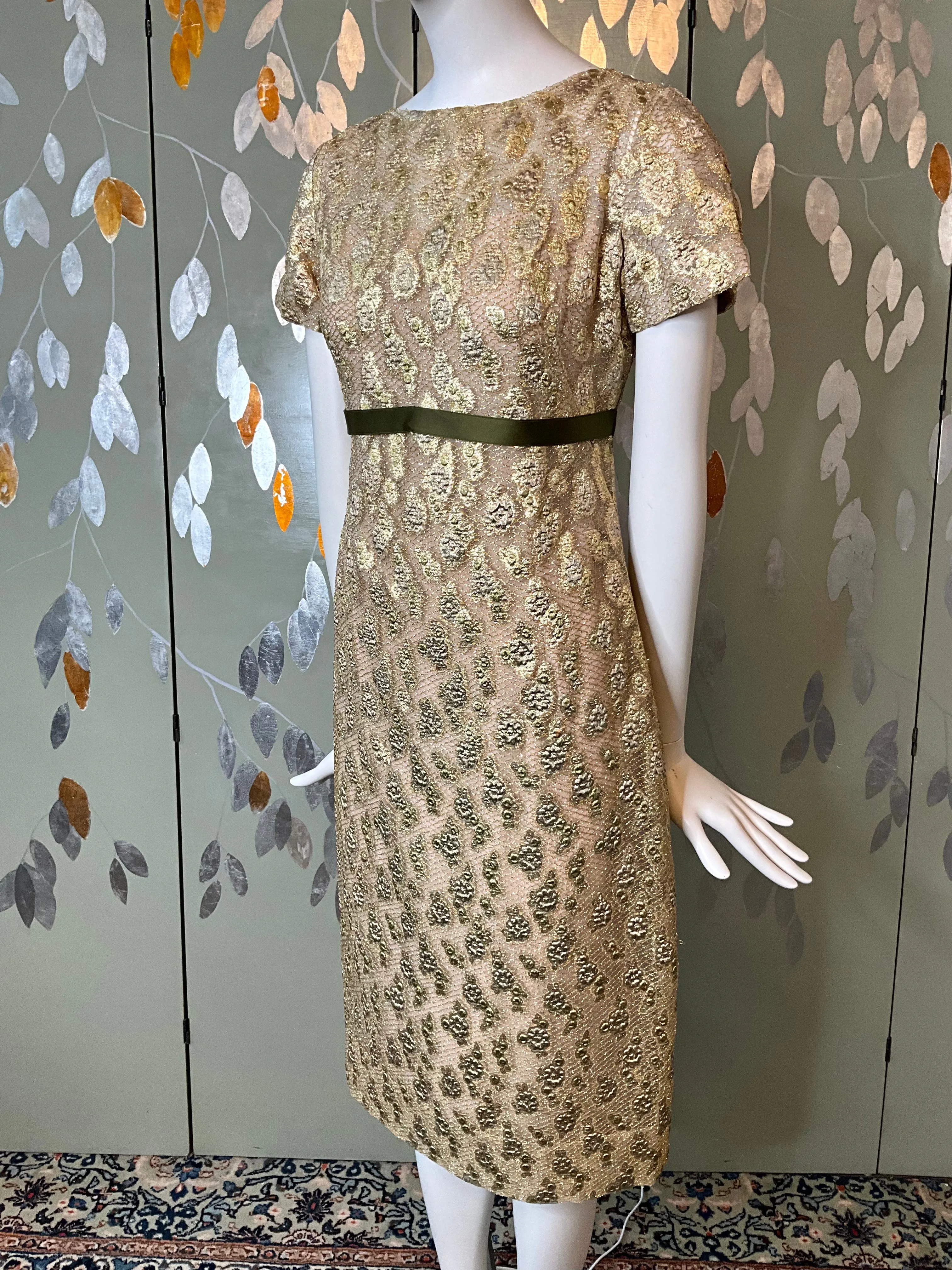 Vintage 1960s Gold Green Lurex Short Sleeve Net Dress, Medium