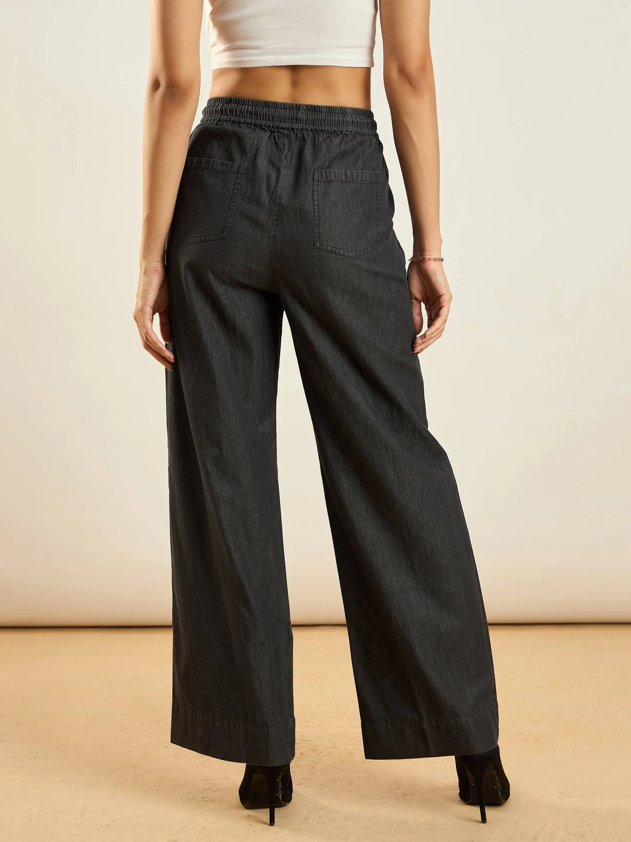 Women Black Tencel Contrast Piping Detail Pants