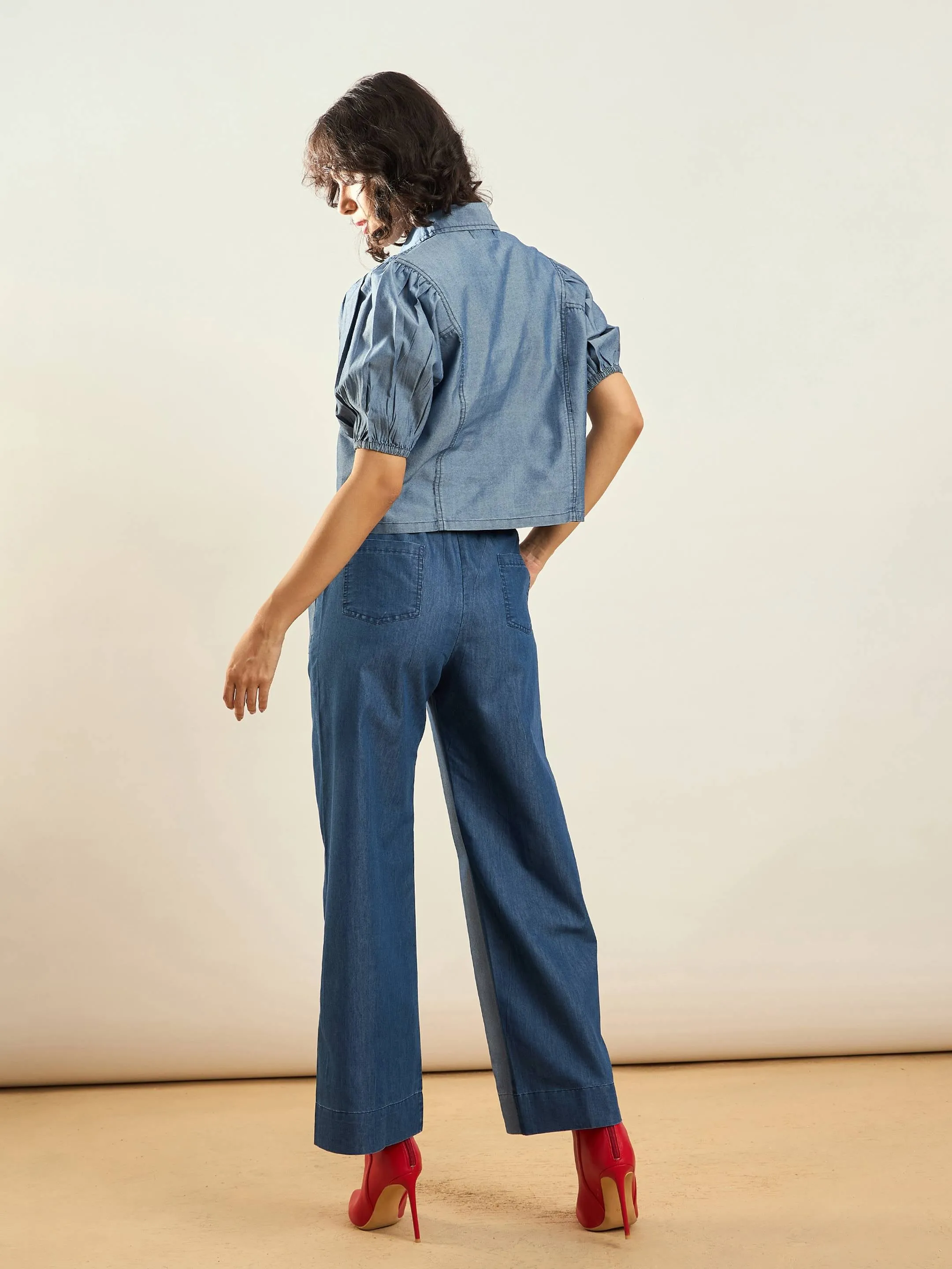 Women Blue Tencel Colorblock Shirt With Straight Pants