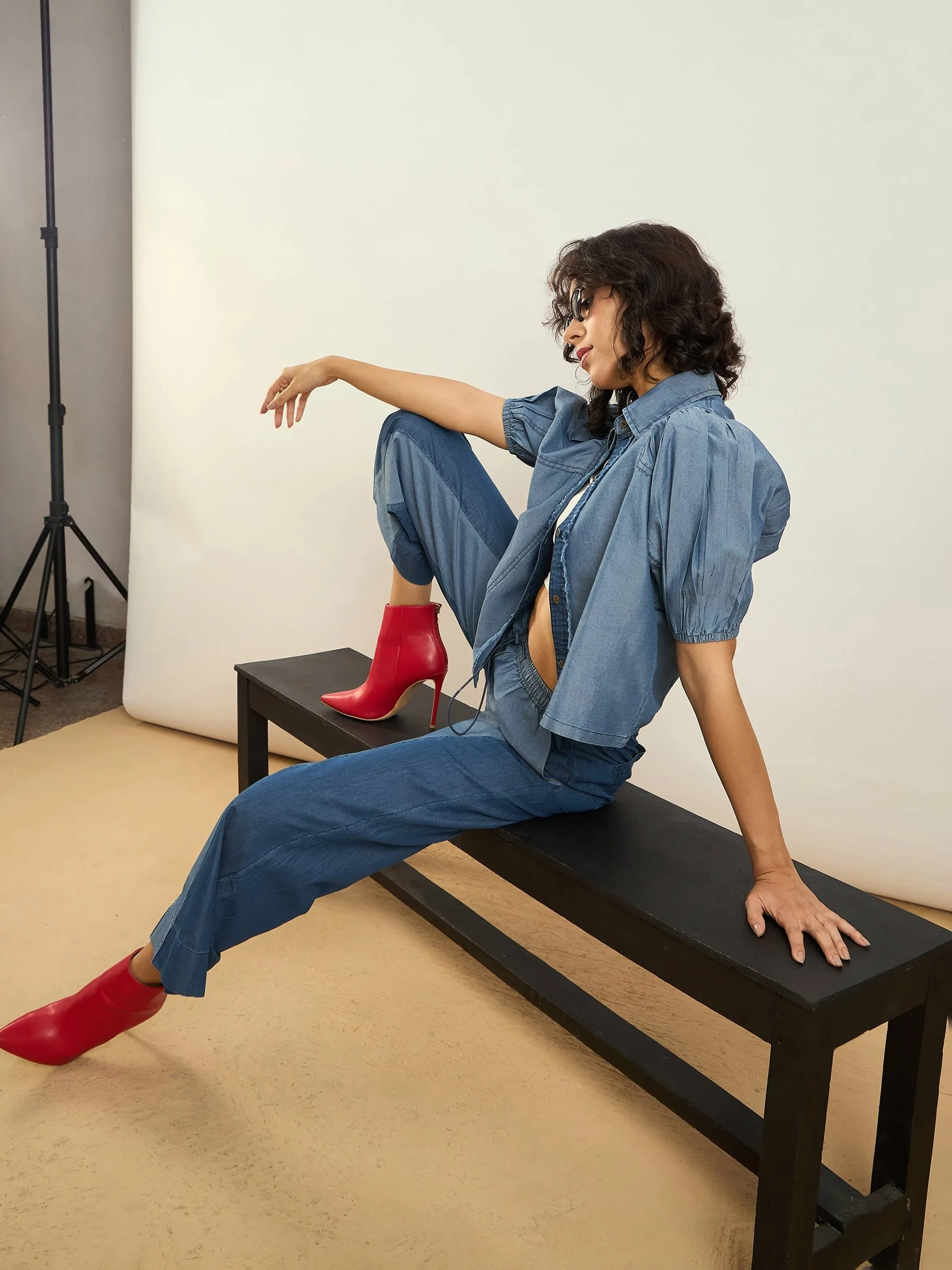 Women Blue Tencel Colorblock Shirt With Straight Pants