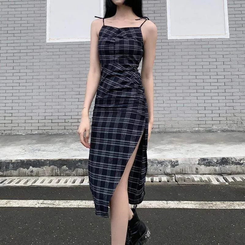 Women's Grunge Plaid Slip Dress with Side Slit
