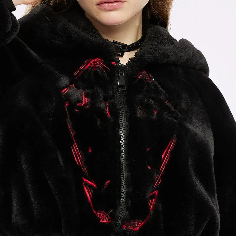Women's Grunge Spider Web Embroidered Fluffy Coat