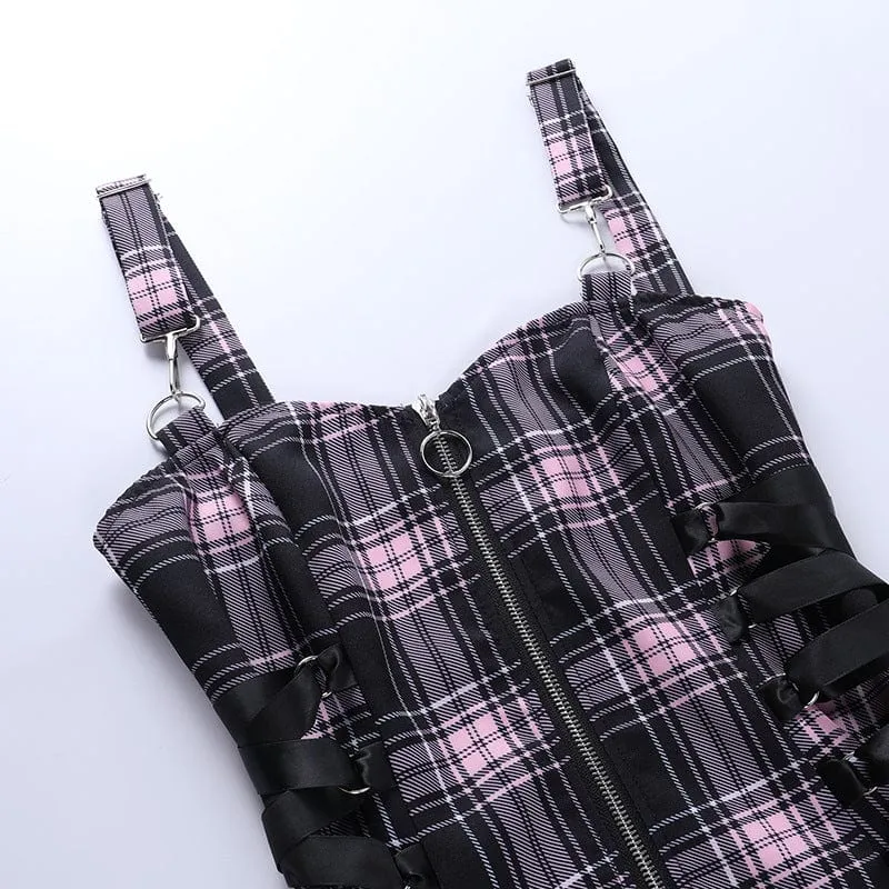 Women's Grunge Strappy Plaid Slip Dress