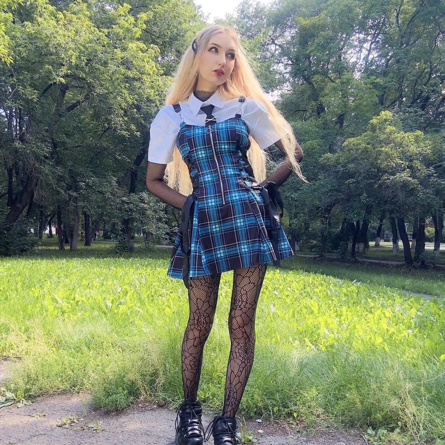 Women's Grunge Strappy Plaid Slip Dress