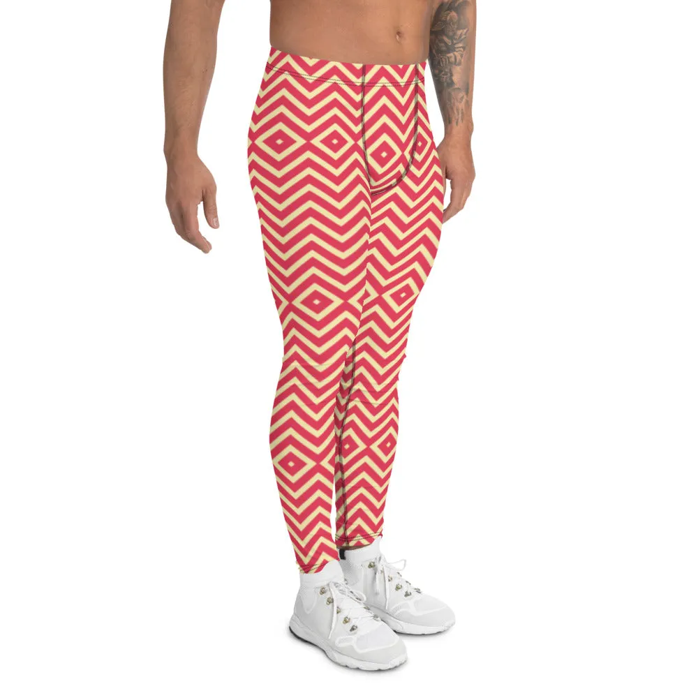 Yellow Red Chevron Men's Leggings, Retro Style Meggings Compression Tights For Men - Made in USA/EU/MX