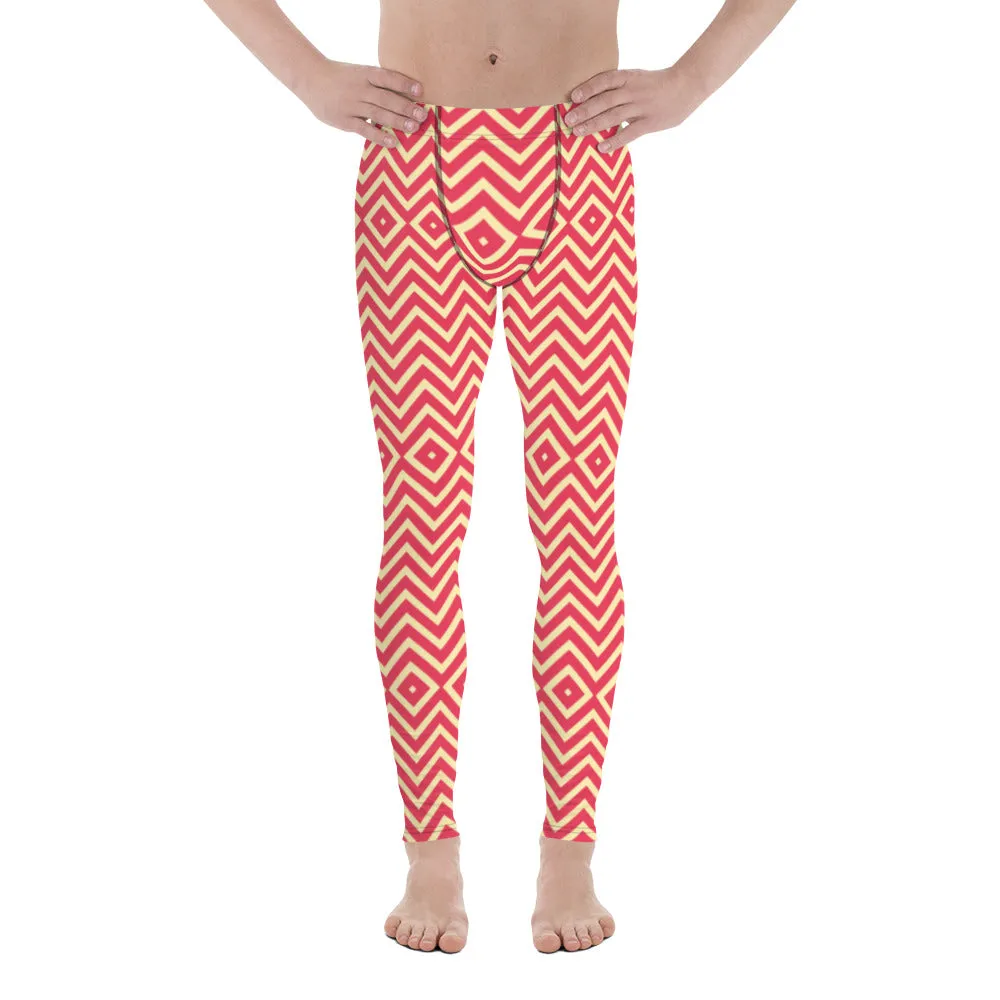 Yellow Red Chevron Men's Leggings, Retro Style Meggings Compression Tights For Men - Made in USA/EU/MX