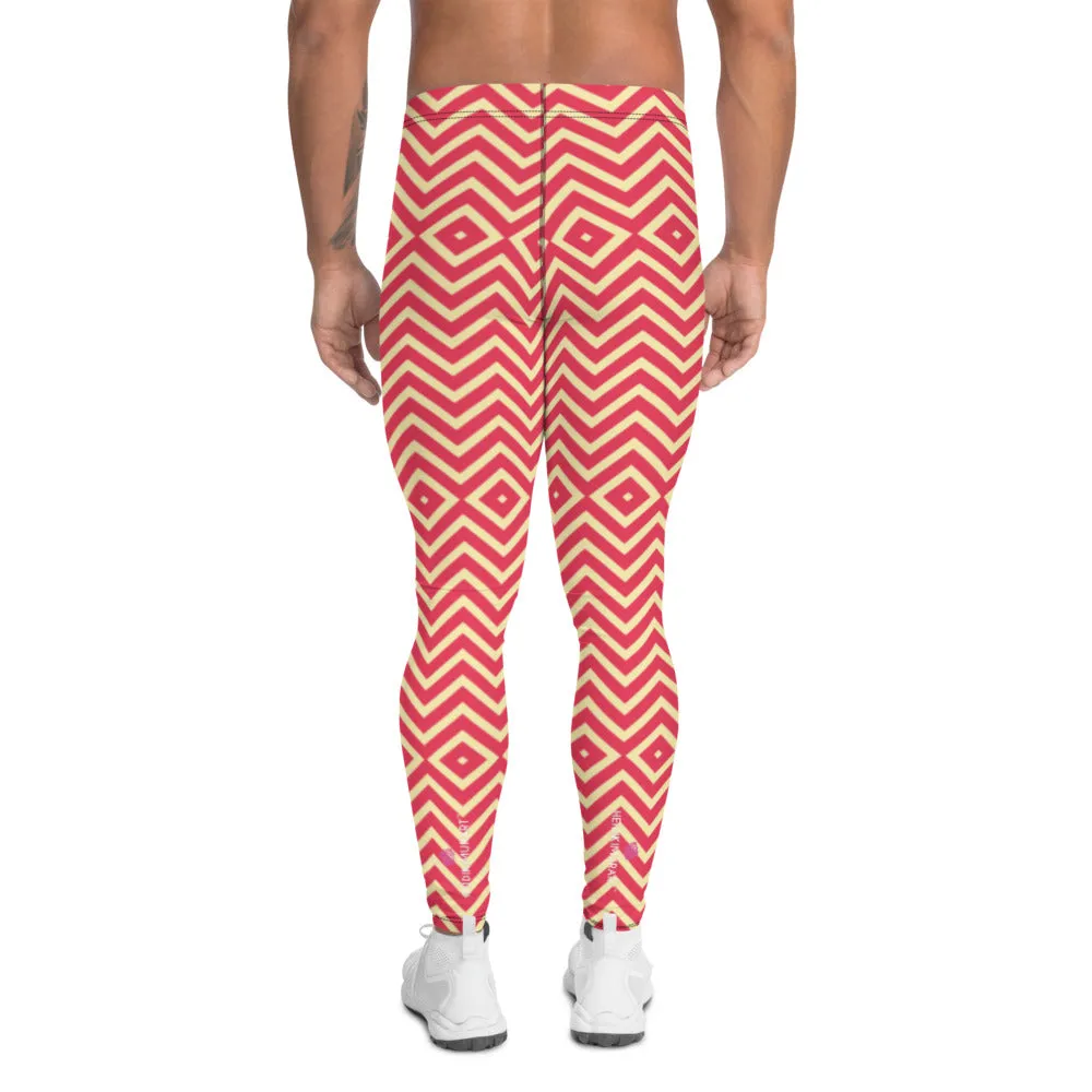 Yellow Red Chevron Men's Leggings, Retro Style Meggings Compression Tights For Men - Made in USA/EU/MX