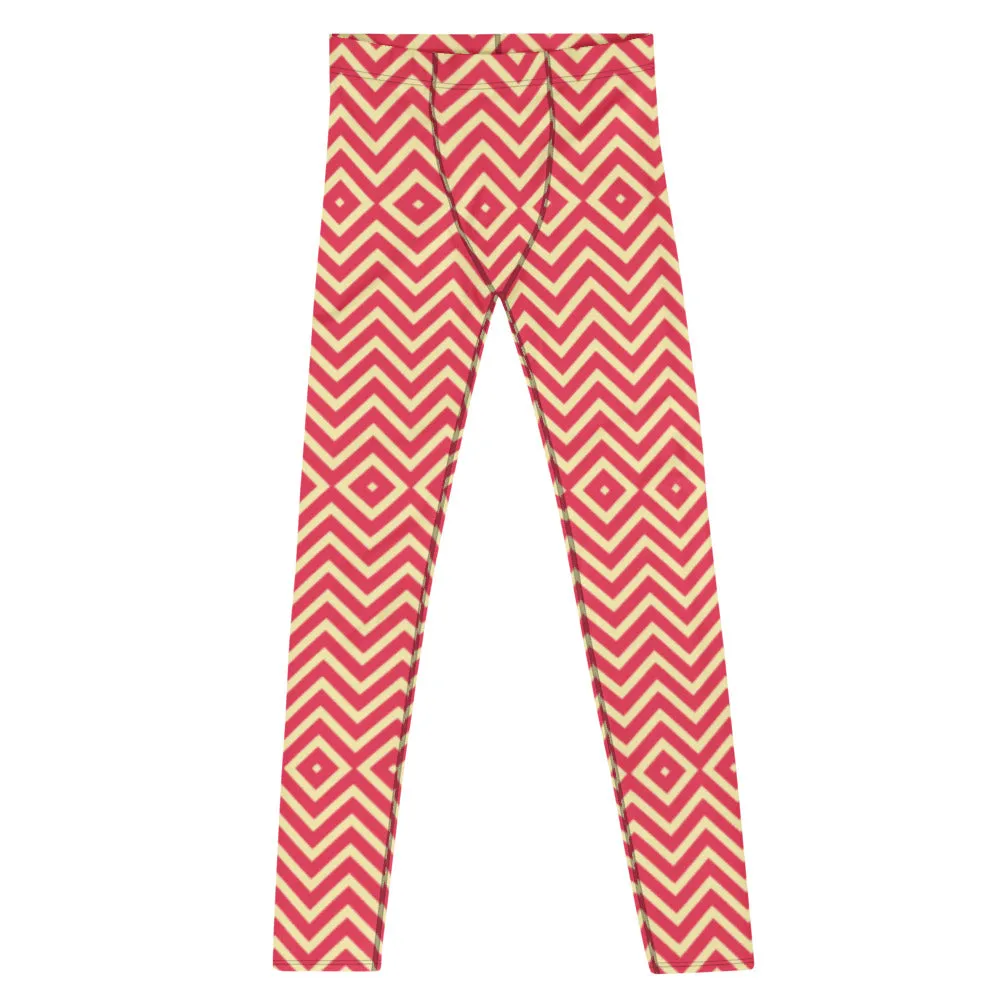 Yellow Red Chevron Men's Leggings, Retro Style Meggings Compression Tights For Men - Made in USA/EU/MX