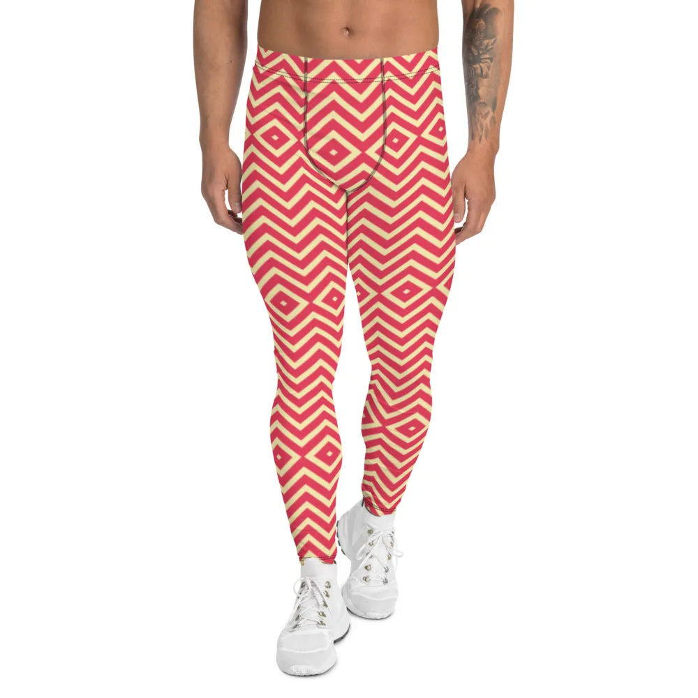 Yellow Red Chevron Men's Leggings, Retro Style Meggings Compression Tights For Men - Made in USA/EU/MX